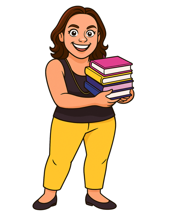 Illistration of a brown-haried woman in yellow pants, black flats, and black tank top, holding a stack of books. Facing forward with a mouth-open smile and bright eyes. Illistration of a brown-haried woman in yellow pants, black flats, and black tank top, holding a stack of books. Facing forward with a mouth-open smile and bright eyes.
