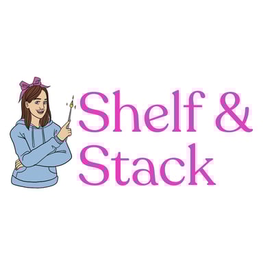 Hot pink quill pen leaning left with text to the right with Shelf & on top line and Stack on bottom. 